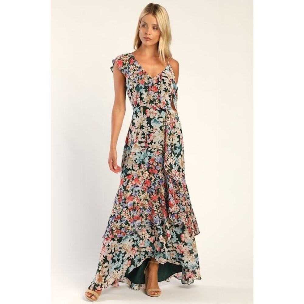 Lulus Radiant Hunter Green Floral Print Chiffon Maxi Dress - Size S